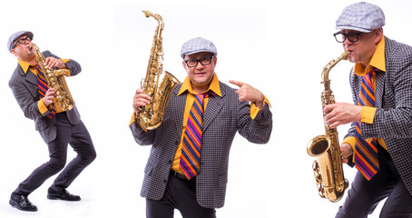 Colage of old male showman singer artist with music instruments on white