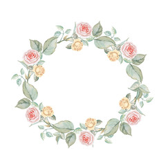 Watercolor rose wreath isolated on white