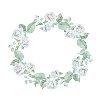 Watercolor floral wreath with white roses