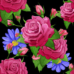 Three roses with blue flowers behind. Seamless background pattern. Hand drawn. Can be used in design, as wrap paper, cover skin, etc. Vector - stock.
