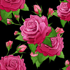 Roses with rosebuds. Seamless background pattern. Hand drawn. Can be used in design, as wrap paper, cover skin, etc. Vector - stock.