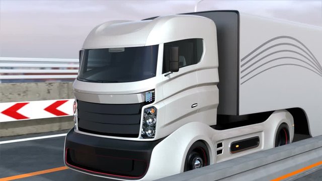 Self driving hybrid trucks on the highway. 3D rendering animation.