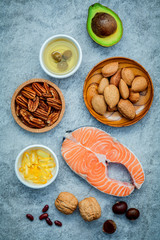 Selection food sources of omega 3 and unsaturated fats. Super fo