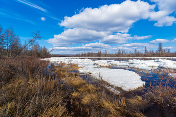 landscape ice drift on the river in early spring on a cloudy day