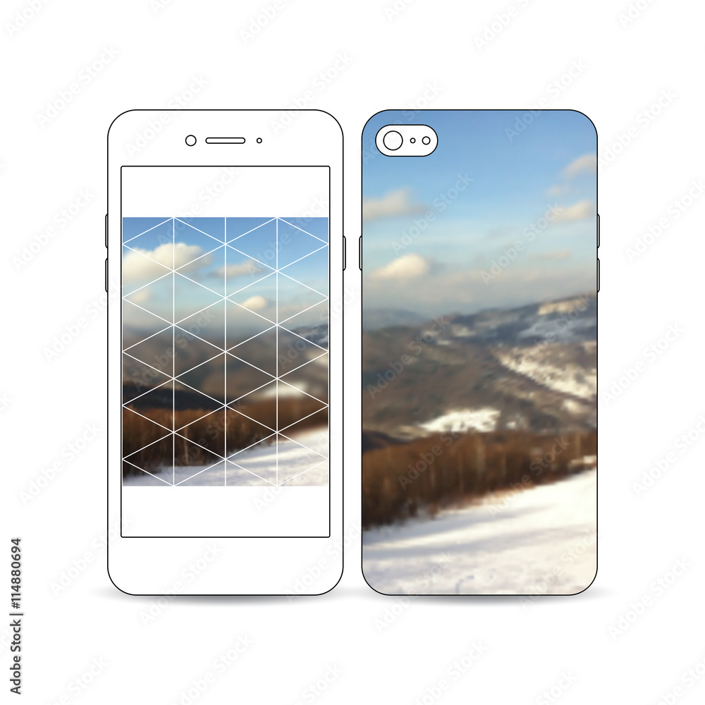 Poster mobile smartphone with an example of the screen and cover design. abstract colorful polygonal backdr