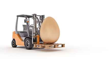 Forklift truck carrying a Easter egg. 3d rendering