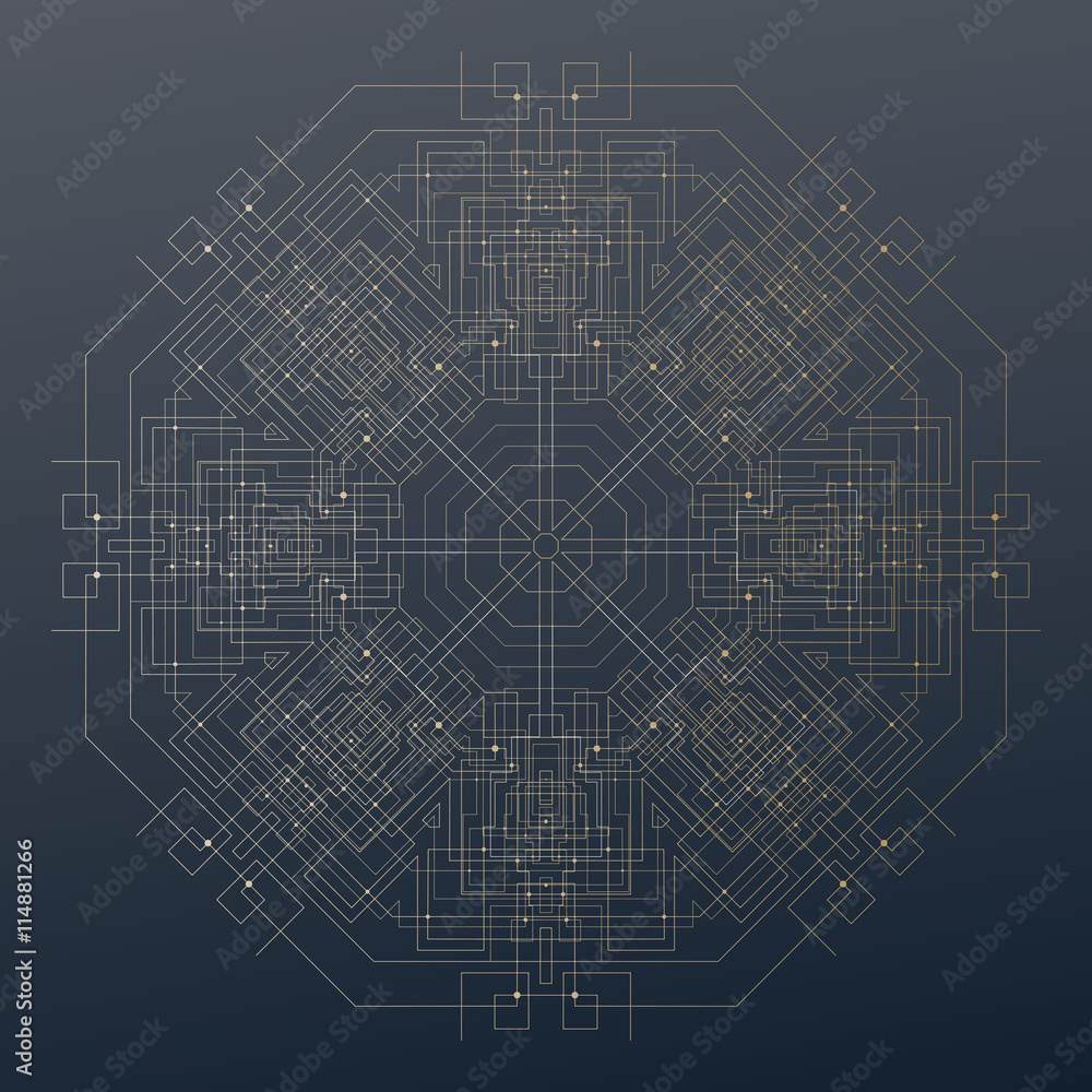 Poster abstract round technology pattern on dark background, golden mandala template with connecting lines 