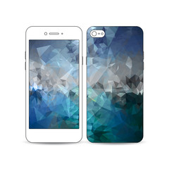 Mobile smartphone with an example of the screen and cover design. Abstract blue polygonal background, colorful backdrop, modern stylish vector texture
