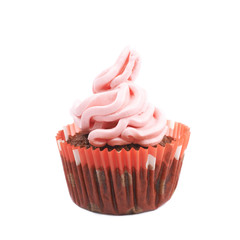 Chocolate muffin with pink cream isolated