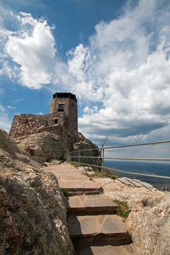 Black Elk Peak  or Harney Peak Fire Lookout Tower and stairs in Custer State Park in the Black Hills of South Dakota USA