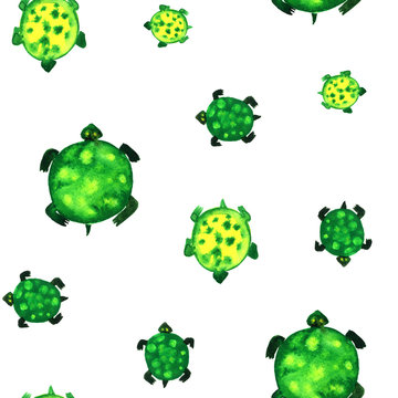 Watercolor turtle seamless pattern on white background