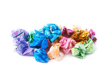 Pile of colorful crumbled paper balls isolated