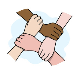Interracial Teamwork, a hand drawn vector illustration of 4 hands interlocking with each other, isolated on a simple background.