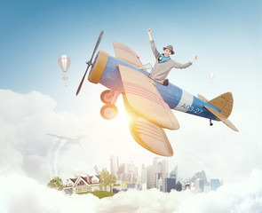 Girl flying old plane . Mixed media