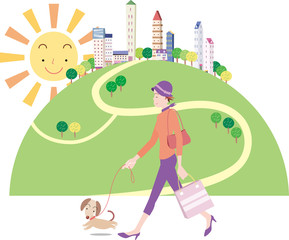 Obraz na płótnie Canvas ペットと散歩する若い女性