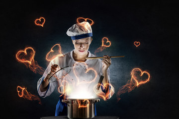 She is magician as cook . Mixed media