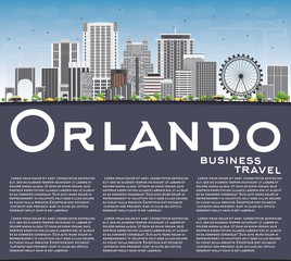 Orlando Skyline with Gray Buildings, Blue Sky and Copy Space.