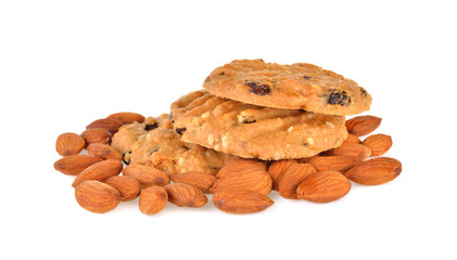 cookies chocolate chip  and almond on white background