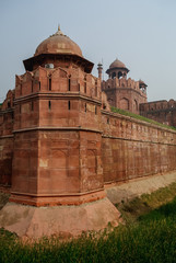 Walls and tower of Red Fort (Lal Qila) Delhi - World Heritage Site. Delhi, India