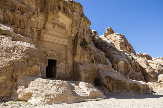 Cave tomb in Nabataean city of the Siq al-Barid in Jordan. It is known as the Little Petra