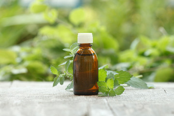 melissa oil container with melissa leaves