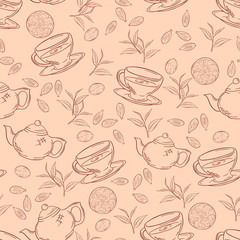 vector hand drawn seamless pattern with outlines cup of tea, teapot, leaf and lemon