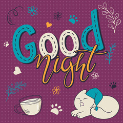vector illustration of hand lettering text - good night. There is cute fluffy cats, surrounded with curly, swirly, paw print and feather shapes. Can be used as poster or nice gift card