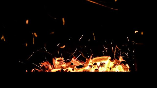 burning charcoal background with fire and sparks