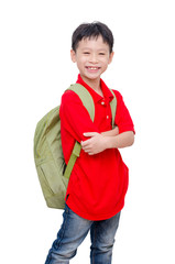 Young Asian schoolboy with backpack over white