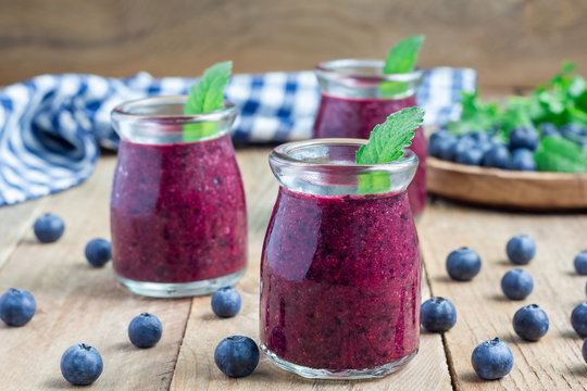 Fresh smoothie with blueberry, plum, mint and basil