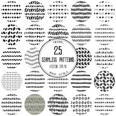 Big set of 25 hand-drawn seamless patterns. 