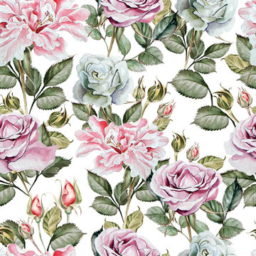 Watercolor pattern with peony and roses flowers.