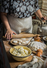 Making of varenyki or pierogy with cottage cheese (curd). Picture shows a raw product.