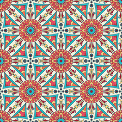 Mandala texture in bright colors. Seamless pattern on indian style. Abstract vector background