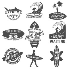 set of vintage surfing labels, badges and emblems - obrazy, fototapety, plakaty