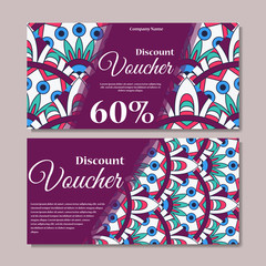 Gift voucher template with mandala. Design certificate for sport center, magazine or etc. Vector gift coupon with ornament on background.