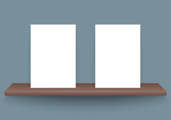 two A4 poster papers on a dark brown shelf in dark blue background with soft shadow vector illustration