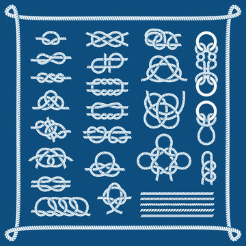 Rope knots collection decorative elements vector illustration. Strong line twisted rope knots cable element sailor. Graphic noose symbol rope knots different types of eight loop thread.