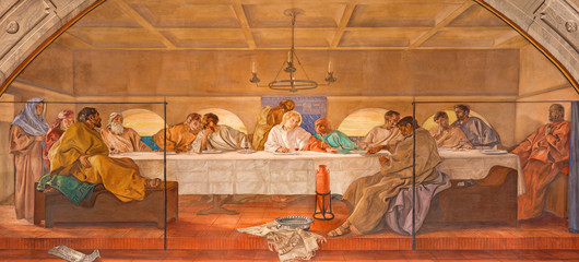 BRESCIA, ITALY - MAY 22, 2016: The fresco of Last Supper in church Chiesa di Christo Re by Vittorio Trainini (1936)