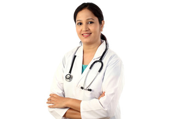 Happy young female doctor against white background - 114892812