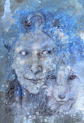 Fototapeta na wymiar Wise shamanic woman forest goddess, blue winter version
