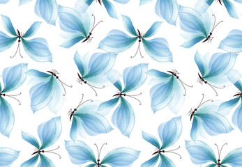 fancy blue butterfly seamless pattern. hand drawn illustration.