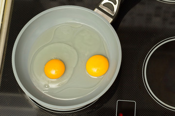 Frying pan with two raw eggs and oil