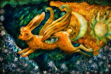 golden hare flying in enchanted realm, painting