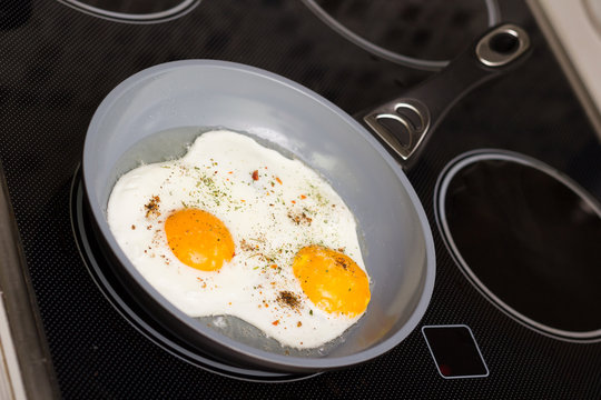 Frying pan with cooked two eggs and spices