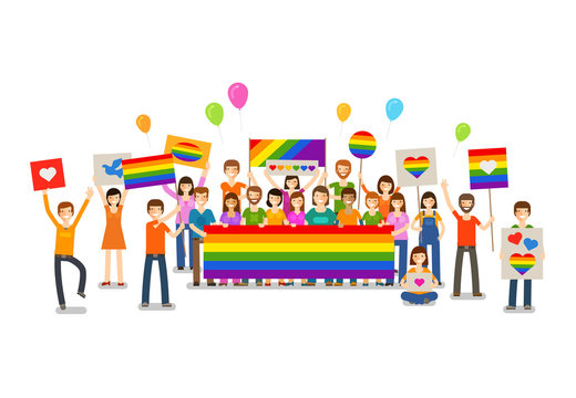Gay parade. People with placards. Sexual revolution or free love. Holiday, celebration, festivity vector illustration