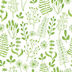 Seamless pattern with textured leaves, flowers, branches and herbs. Vector floral background