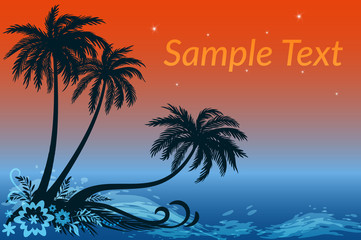 Exotic Landscape, Tropical Palms Trees, Flowers and Grass Silhouettes Against the Night Sea and Star Sky. Eps10, Contains Transparencies. Vector