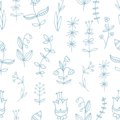 Seamless pattern with grass and flowers on  white background. Different types of plants. Summer season. Vector contour image.  Doodle style.