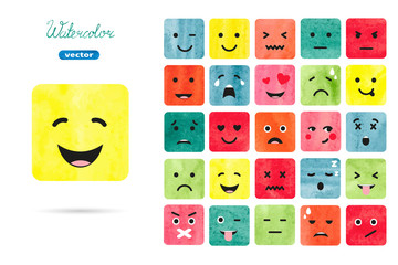 Watercolor emoticons set. Vector collection of emotions symbols. Colorful illustration.  - obrazy, fototapety, plakaty